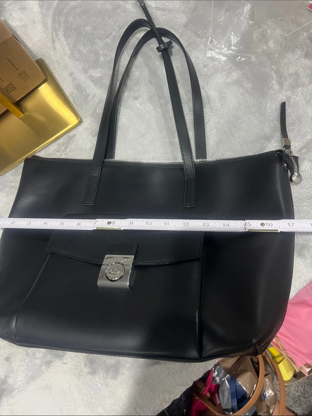 Carpisa Vera Pelle Black Genuine Leather Tote Bag Made in Italy Turtle Charm